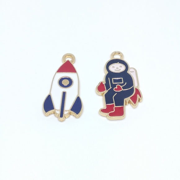 Space Enamel Charms - 2 x Pieces (Rocket and Astronaut)